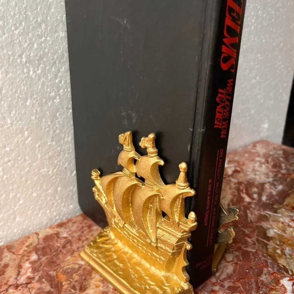 Antique Bronze gilded Bookend Sailing Boat 1803 Galleon Time Of Elizabeth Stamp